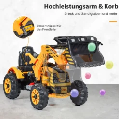 Elektrischer Kinder-Gabelstapler Kinderbagger Sitzbagger mit Schaufel 149 x 62 x 74 cm Gelb + Schwarz