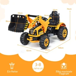 Elektrischer Kinder-Gabelstapler Kinderbagger Sitzbagger mit Schaufel 149 x 62 x 74 cm Gelb + Schwarz