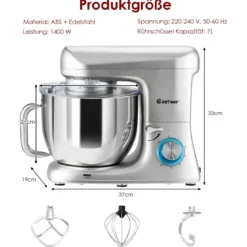 Elektrischer Standmixer mit kippbarem Kopf 1400W Kupfermotor 37 x 19 x 33 cm Silber