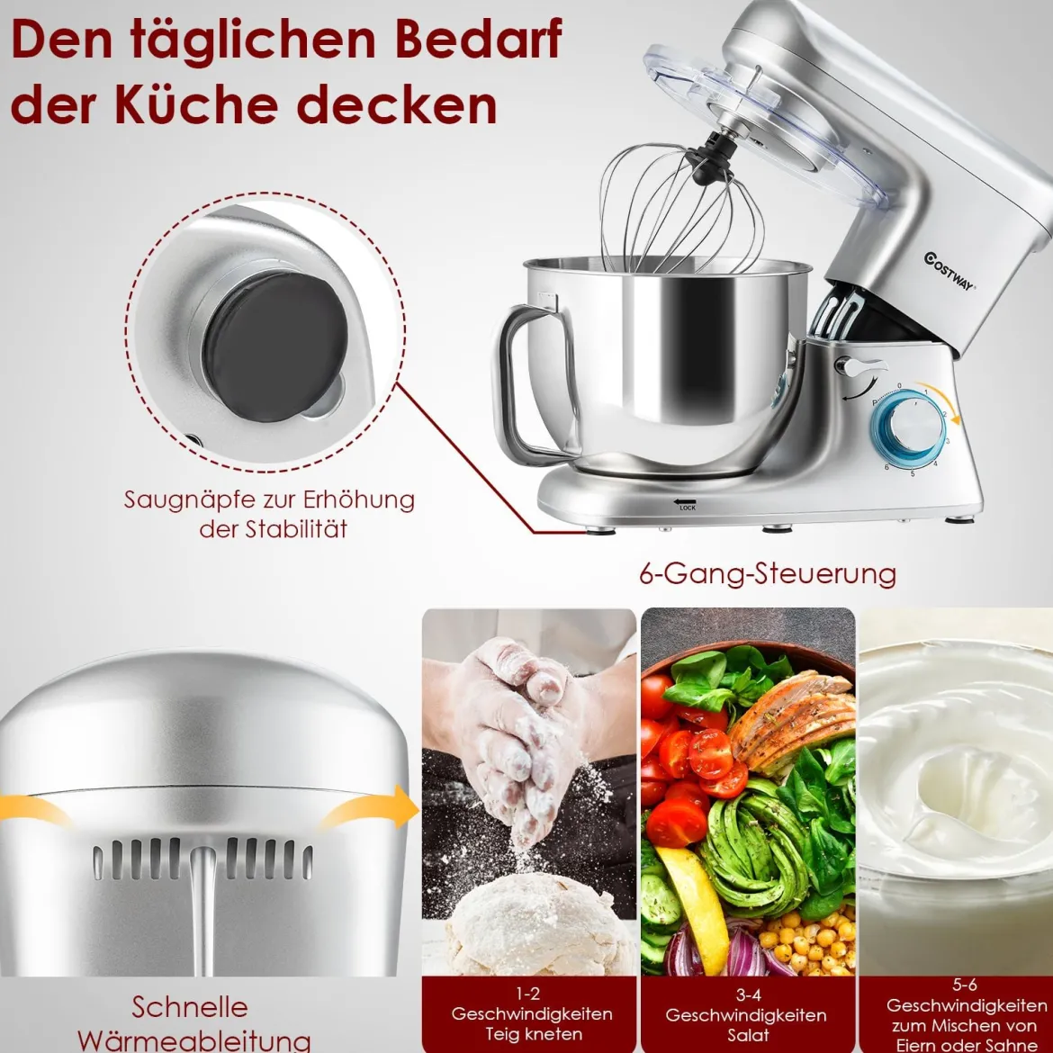 Elektrischer Standmixer mit kippbarem Kopf 1400W Kupfermotor 37 x 19 x 33 cm Silber
