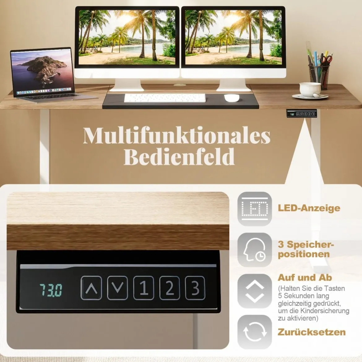 Elektrischer Stehschreibtisch 140 x 70 cm höhenverstellbarer Schreibtisch ergonomischer Sitz-Steh-Schreibtisch Beige/Braun/Natur