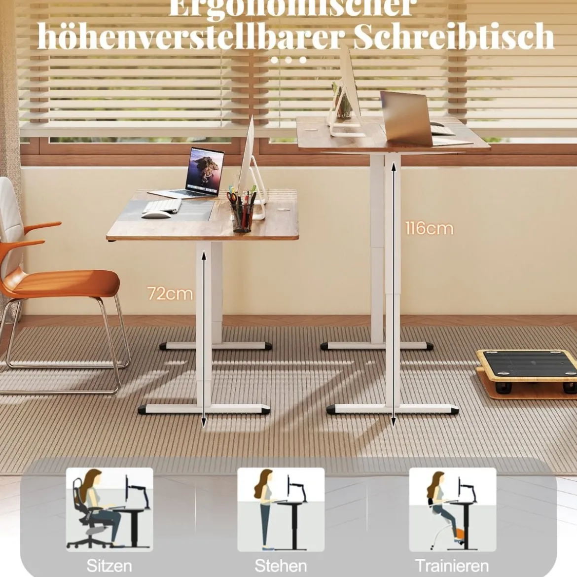 Elektrischer Stehschreibtisch 140 x 70 cm höhenverstellbarer Schreibtisch ergonomischer Sitz-Steh-Schreibtisch Beige/Braun/Natur