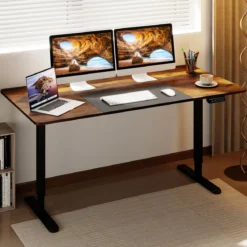 Elektrischer Stehschreibtisch 140 x 70 cm höhenverstellbarer Schreibtisch ergonomischer Sitz-Steh-Schreibtisch Beige/Braun/Natur