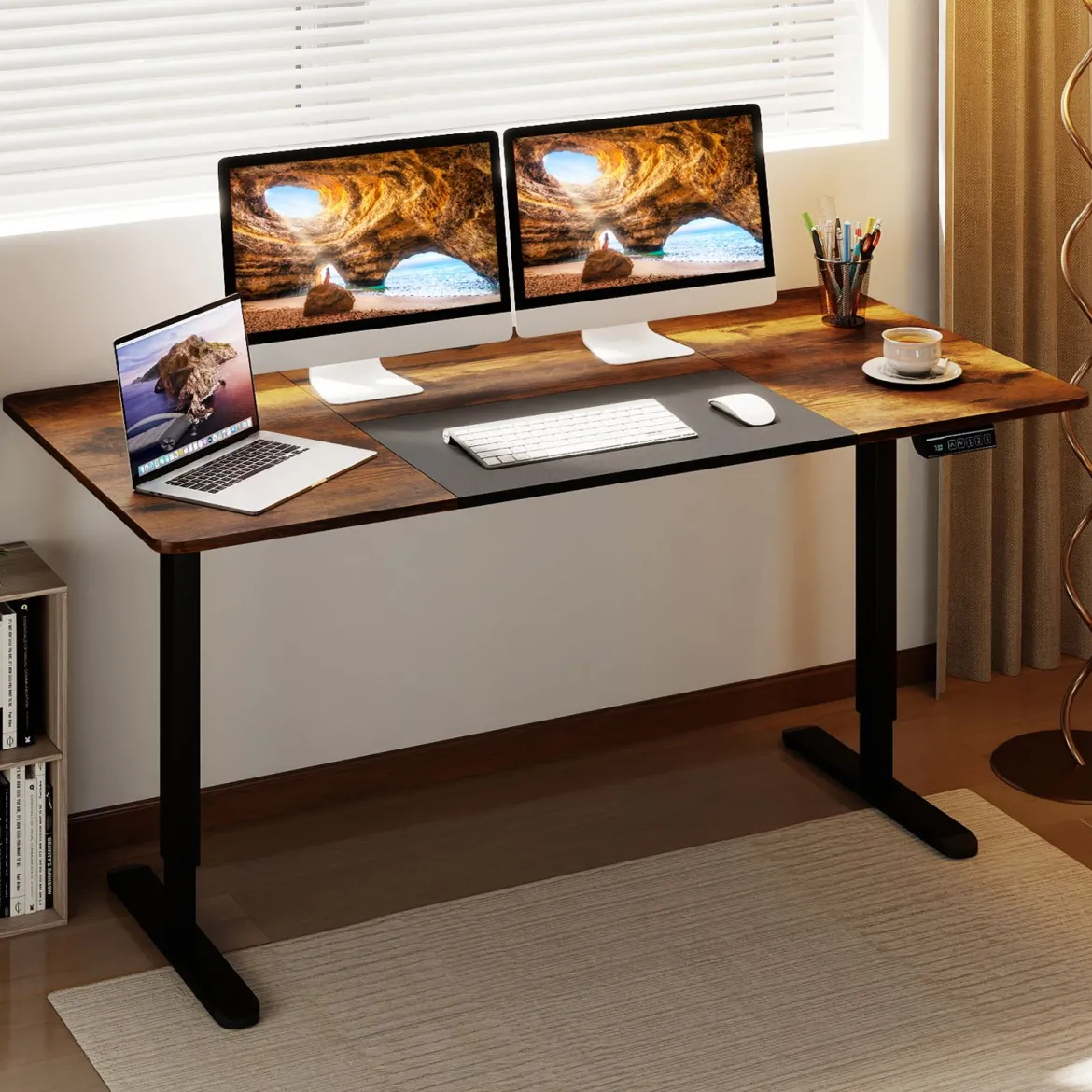 Elektrischer Stehschreibtisch 140 x 70 cm höhenverstellbarer Schreibtisch ergonomischer Sitz-Steh-Schreibtisch Beige/Braun/Natur
