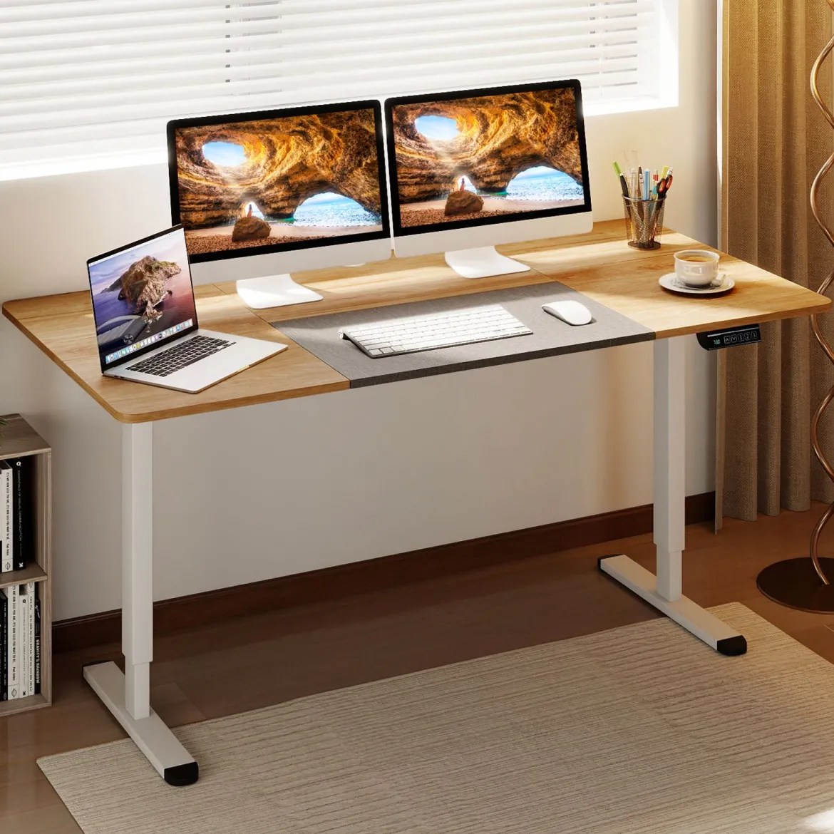 Elektrischer Stehschreibtisch 140 x 70 cm höhenverstellbarer Schreibtisch ergonomischer Sitz-Steh-Schreibtisch Beige/Braun/Natur