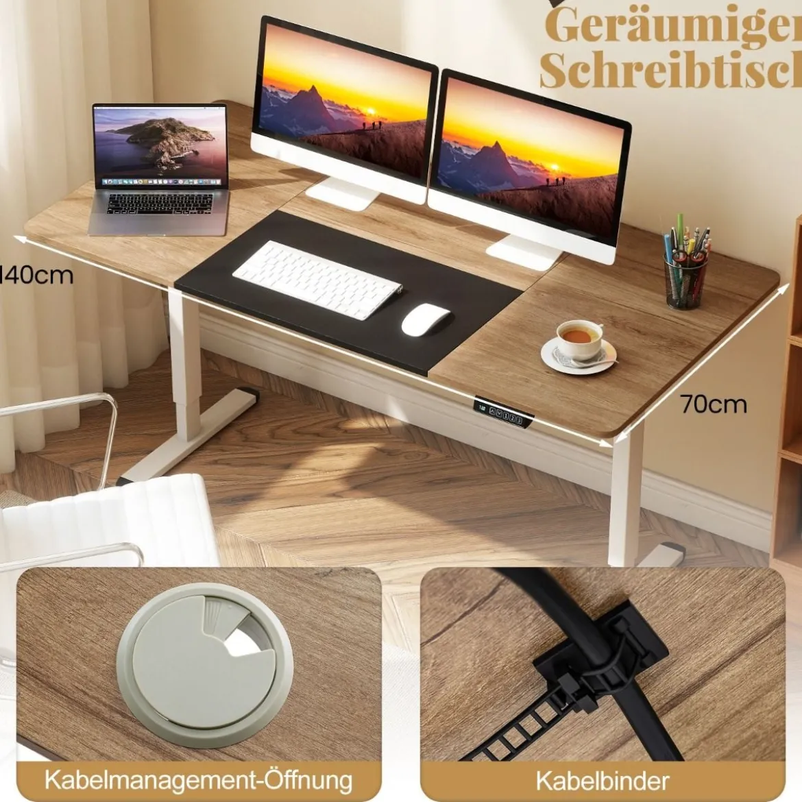 Elektrischer Stehschreibtisch 140 x 70 cm höhenverstellbarer Schreibtisch ergonomischer Sitz-Steh-Schreibtisch Beige/Braun/Natur