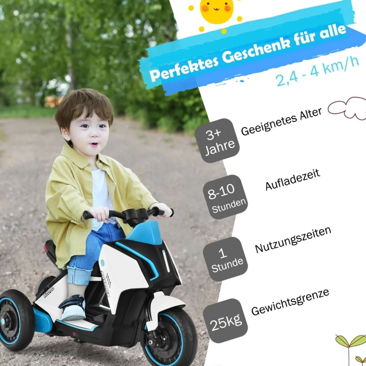 Elektrischer 6V Motorroller für Kinder mit Scheinwerfer 80,5 x 41 x 51,5 cm Weiß + Schwarz + Blau