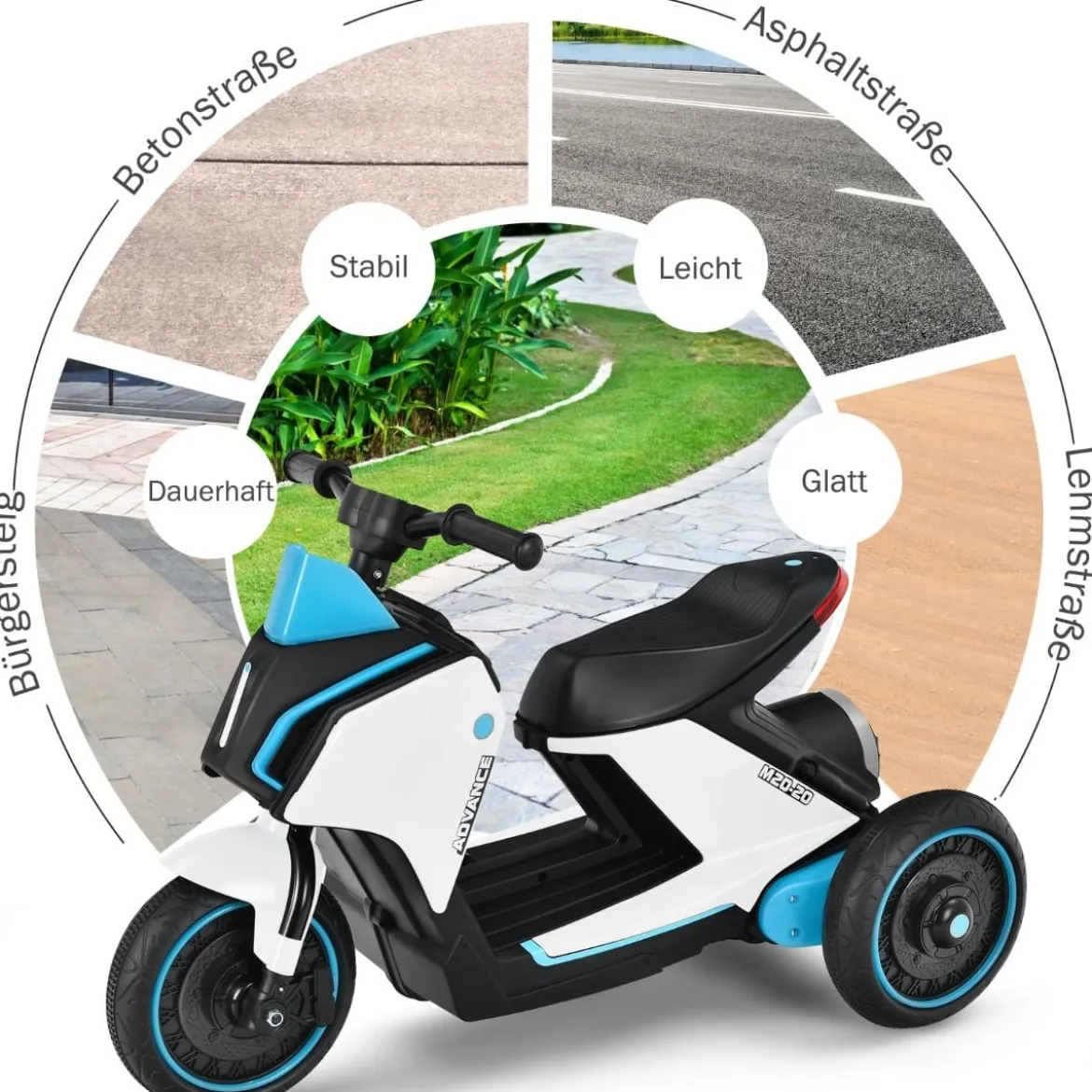 Elektrischer 6V Motorroller für Kinder mit Scheinwerfer 80,5 x 41 x 51,5 cm Weiß + Schwarz + Blau