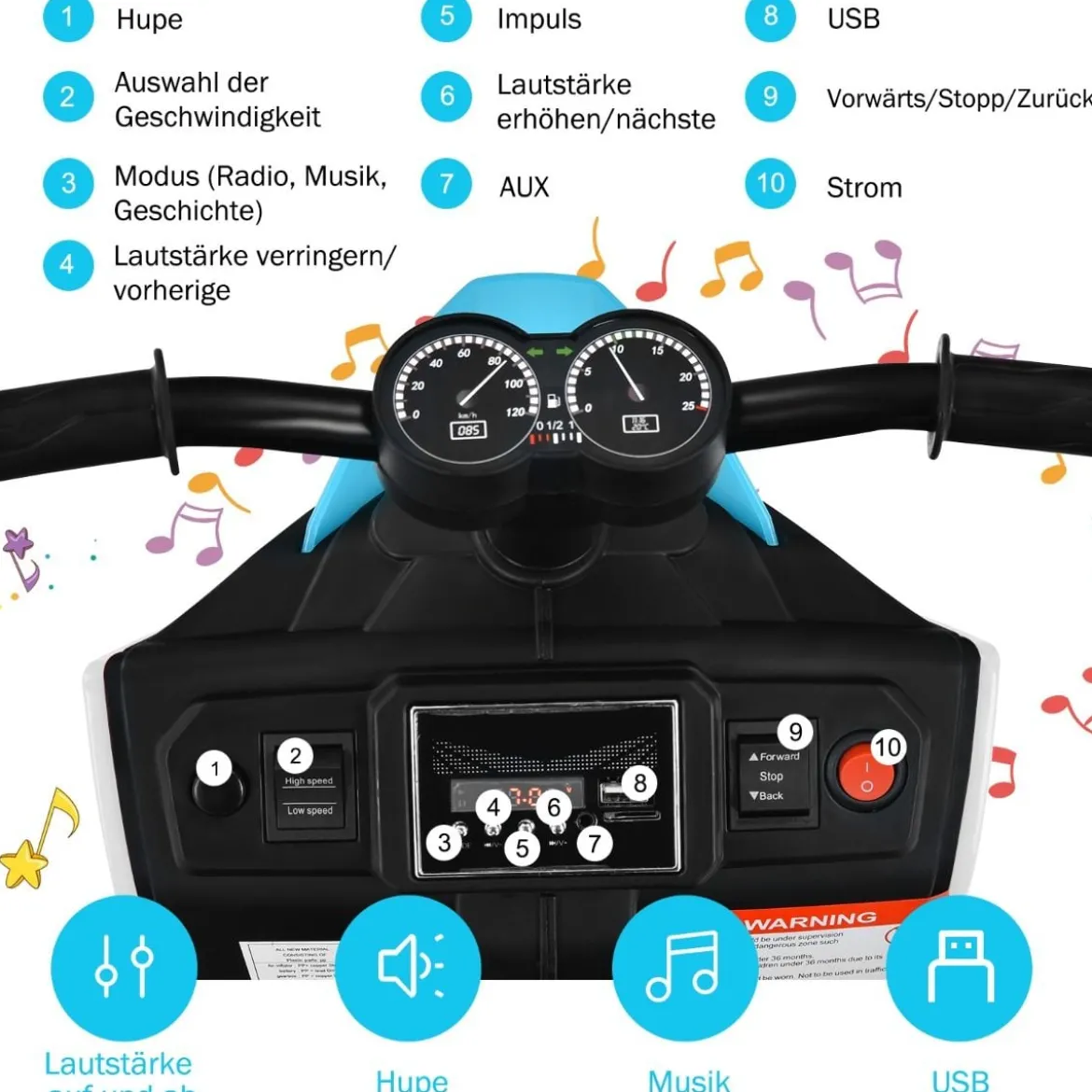 Elektrischer 6V Motorroller für Kinder mit Scheinwerfer 80,5 x 41 x 51,5 cm Weiß + Schwarz + Blau