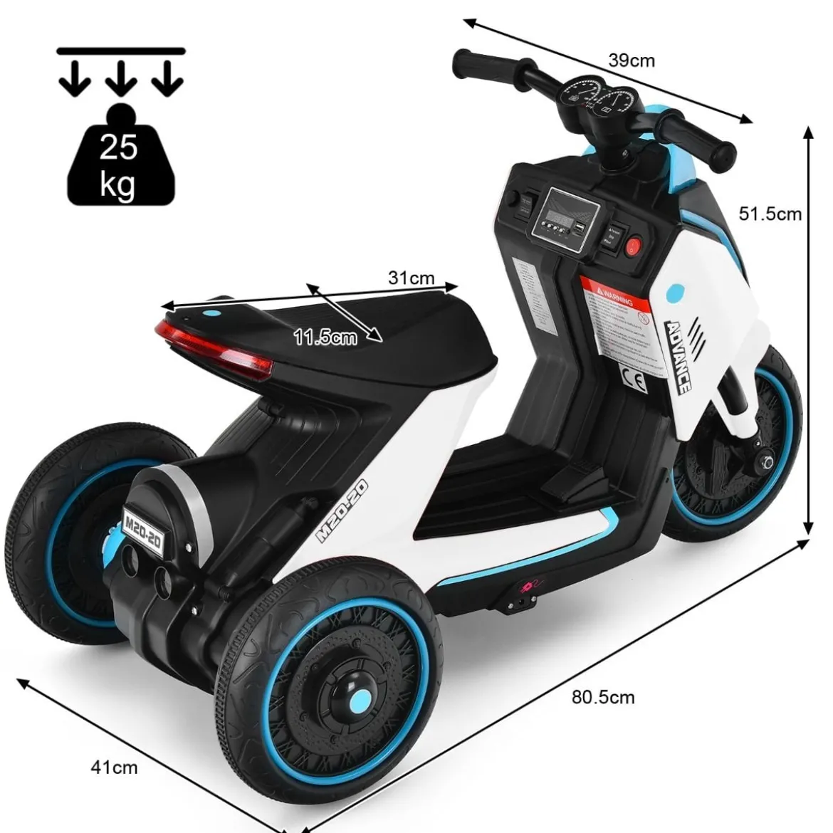 Elektrischer 6V Motorroller für Kinder mit Scheinwerfer 80,5 x 41 x 51,5 cm Weiß + Schwarz + Blau