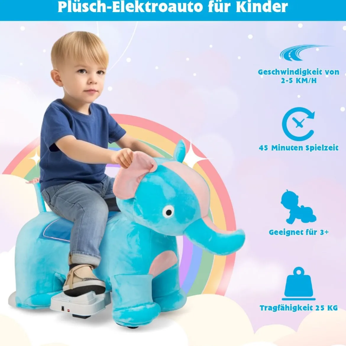 Elektrisches Aufsitzspielzeug in Tierform Plüschauto Spielzeugauto für Kinder ab 3 Jahre Blau