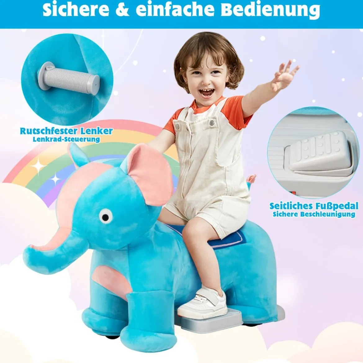 Elektrisches Aufsitzspielzeug in Tierform Plüschauto Spielzeugauto für Kinder ab 3 Jahre Blau
