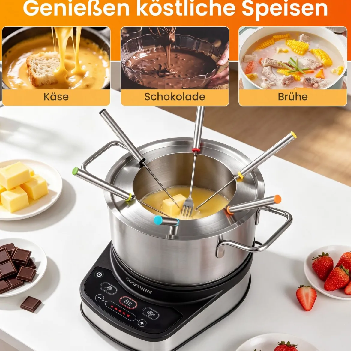 Elektrisches Fondue-Set 1200W Fonduetopf Set mit Abnehmbarem 3L Edelstahltopf