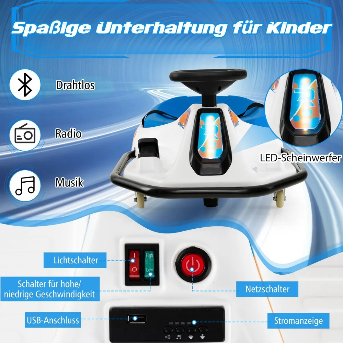 Elektrisches Gokart für Kinder 24-V-Driftauto für Kinder mit 360°-Drehung Rennauto für Kleinkinder Blau