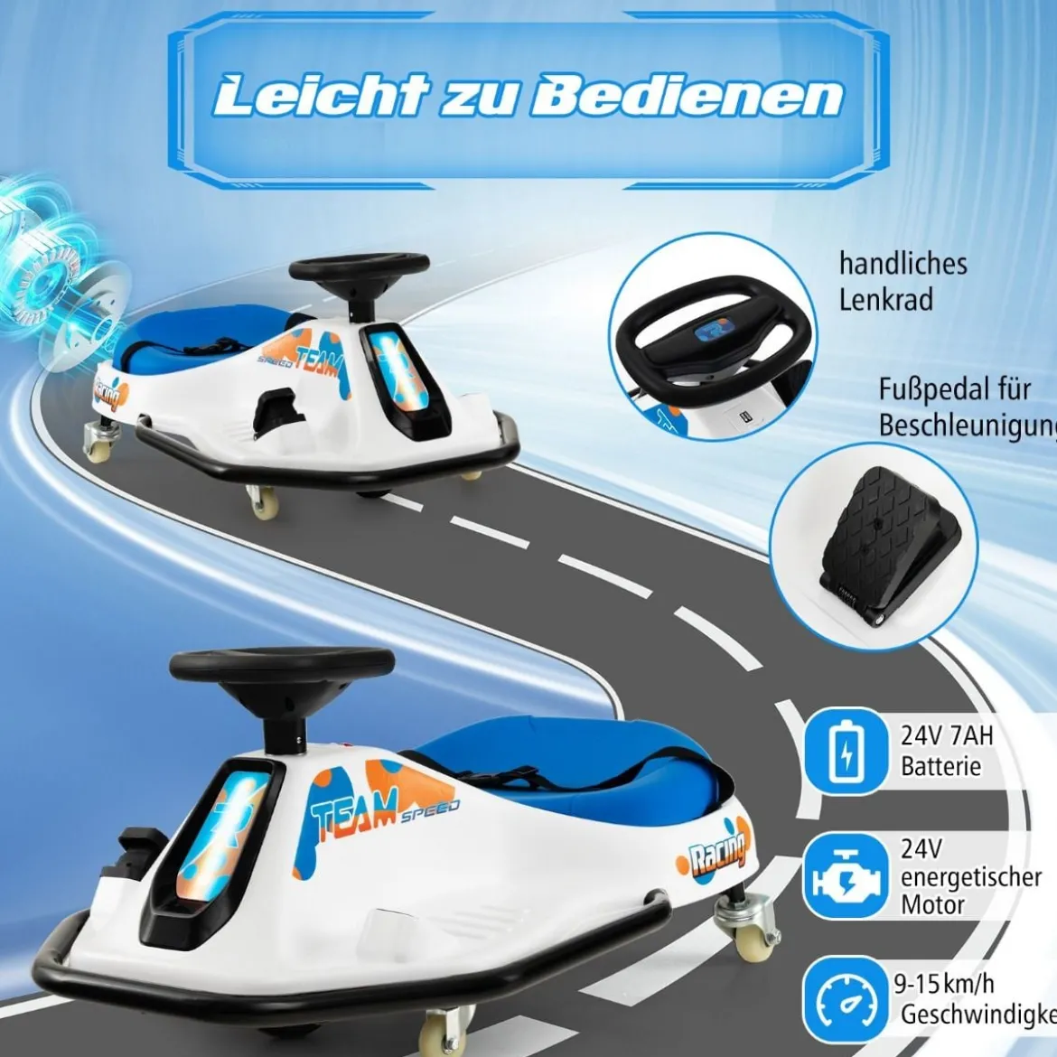 Elektrisches Gokart für Kinder 24-V-Driftauto für Kinder mit 360°-Drehung Rennauto für Kleinkinder Blau