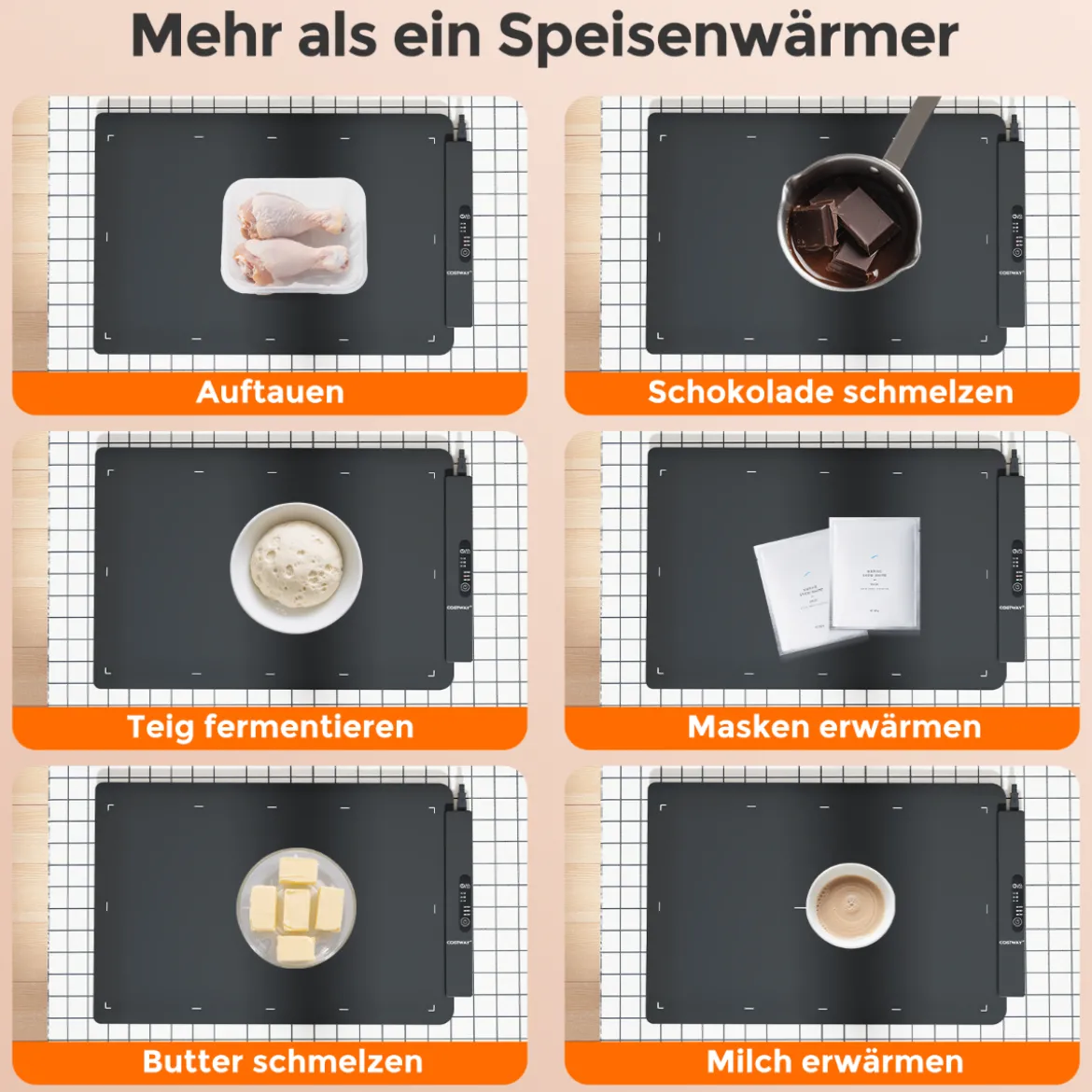 Elektrische Silikon Lebensmittel-Wärmematte mit Schneller Vollflächenheizung Rollbarer Schwarz 64 x 41 x 2 cm