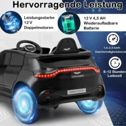 Elektrisches Kinderauto Aston Martin lizenzierter Elektrofahrzeug mit Hupe Musik & LED-Lichtern Schwarz