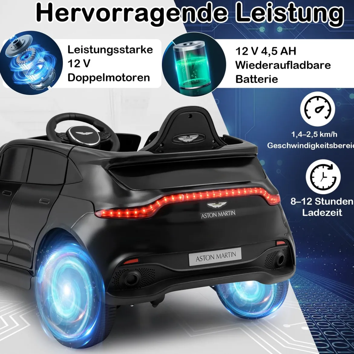 Elektrisches Kinderauto Aston Martin lizenzierter Elektrofahrzeug mit Hupe Musik & LED-Lichtern Schwarz