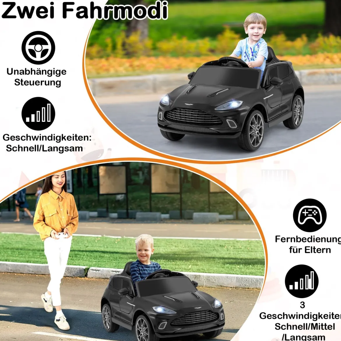 Elektrisches Kinderauto Aston Martin lizenzierter Elektrofahrzeug mit Hupe Musik & LED-Lichtern Schwarz