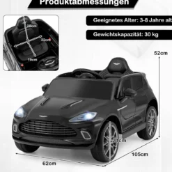 Elektrisches Kinderauto Aston Martin lizenzierter Elektrofahrzeug mit Hupe Musik & LED-Lichtern Schwarz