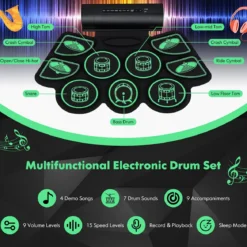 Elektrisches Schlagzeug mit 9 Pads Aufrollbares Schlagzeug-Übungspad mit 2 Stereolautsprechern