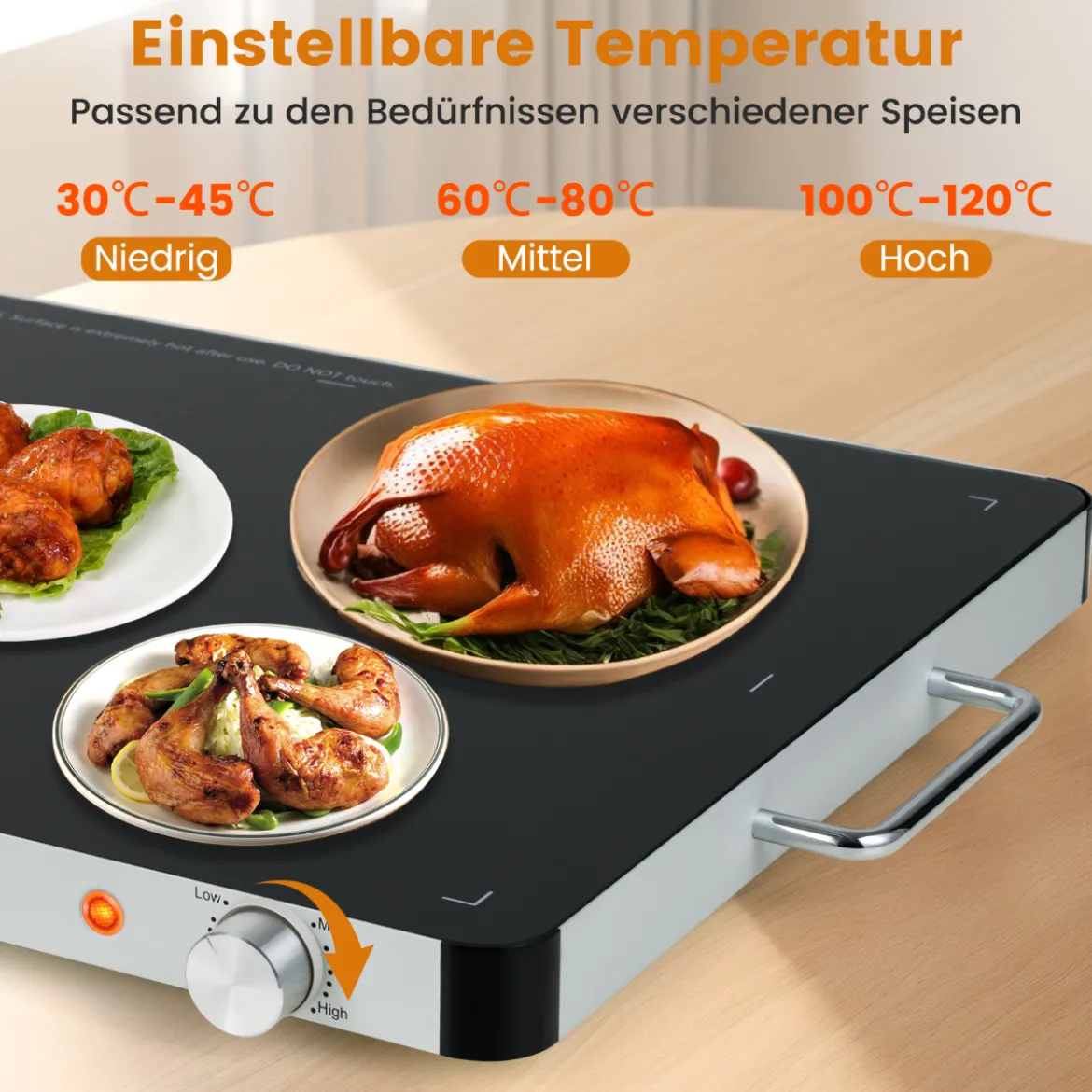 Elektrische Warmhalteplatte mit Einstellbarer Temperatur 30℃-120℃ & Gehärtete Glas