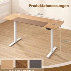 Elektrisch Höhenverstellbarer Schreibtisch mit Stabilem Metallgestell 160 x 60 cm Natur