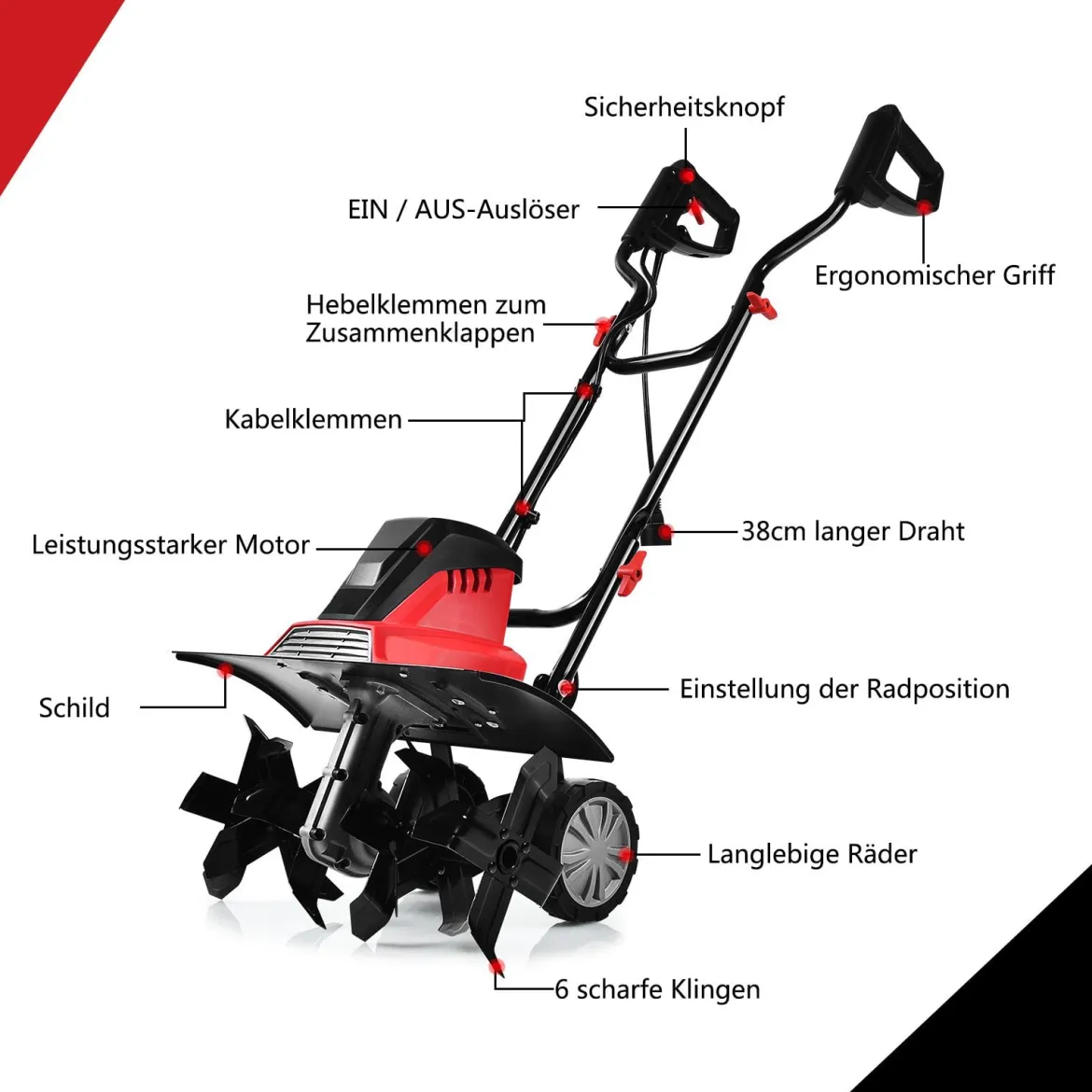 Elektro Bodenhacke mit 6 Hackmesser & 2-Punkt-Sicherheitsschalter 1500W Gartenfräse Rot