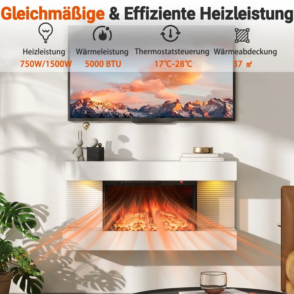 Elektrokamin mit Heizung & LED-Seitenlichtern Schwebender Wandkamin mit Fernbedienung