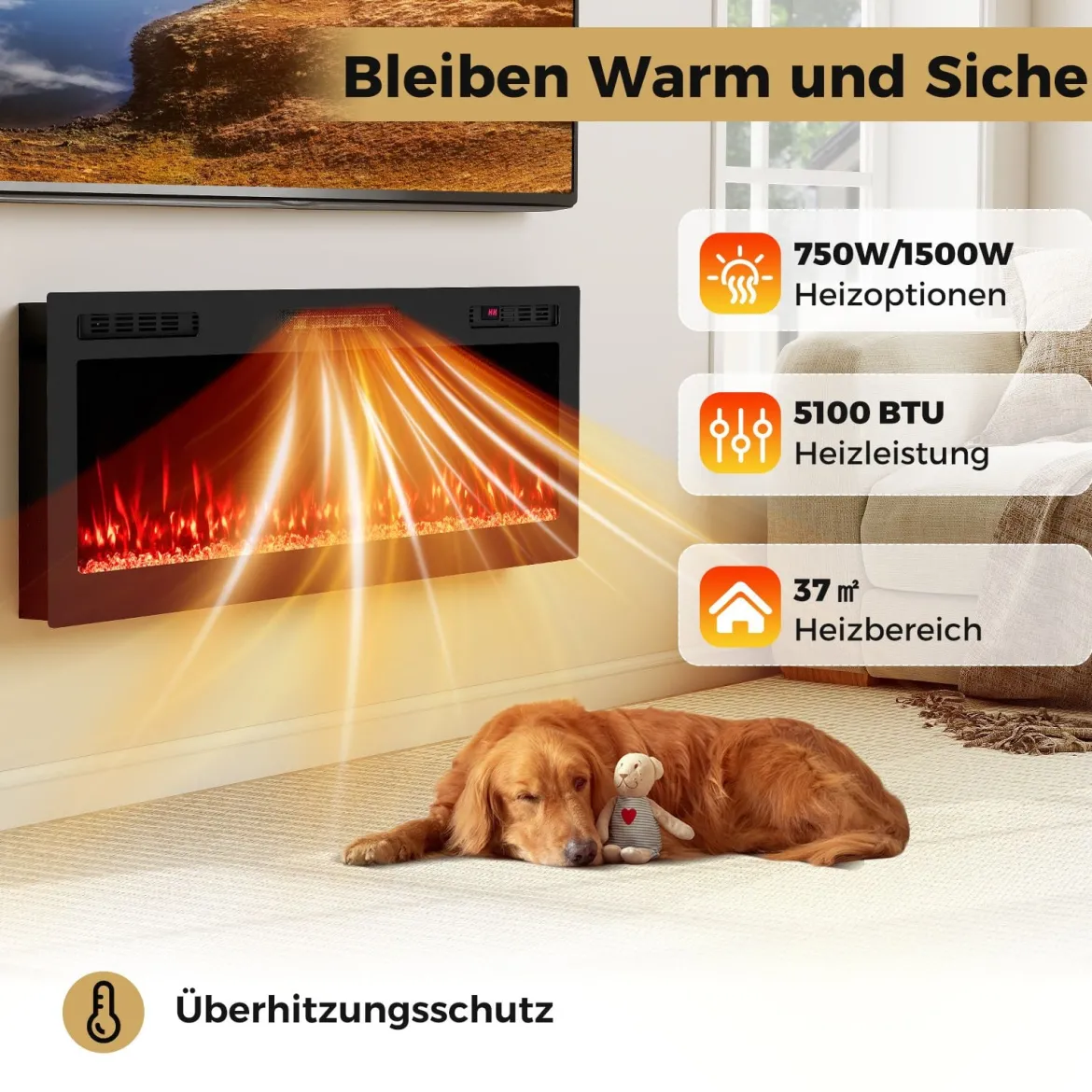 50" Elektrokamin mit Heizung 750W/1500W Einbaukamin mit Fernbedienung & App-Steuerung WiFi