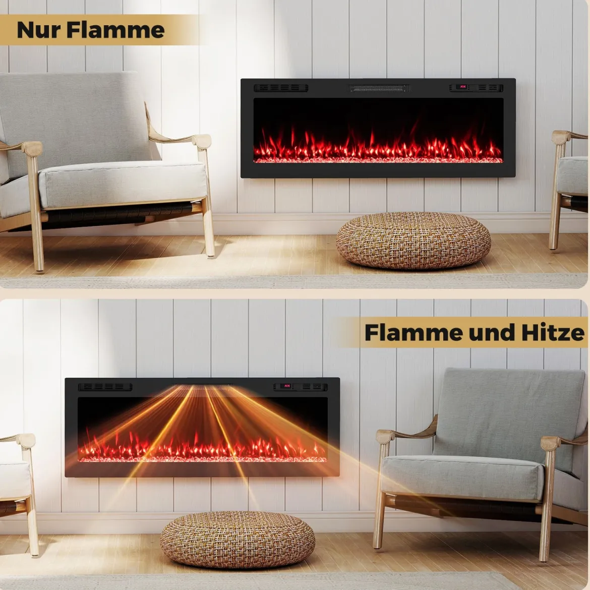 50" Elektrokamin mit Heizung 750W/1500W Einbaukamin mit Fernbedienung & App-Steuerung WiFi