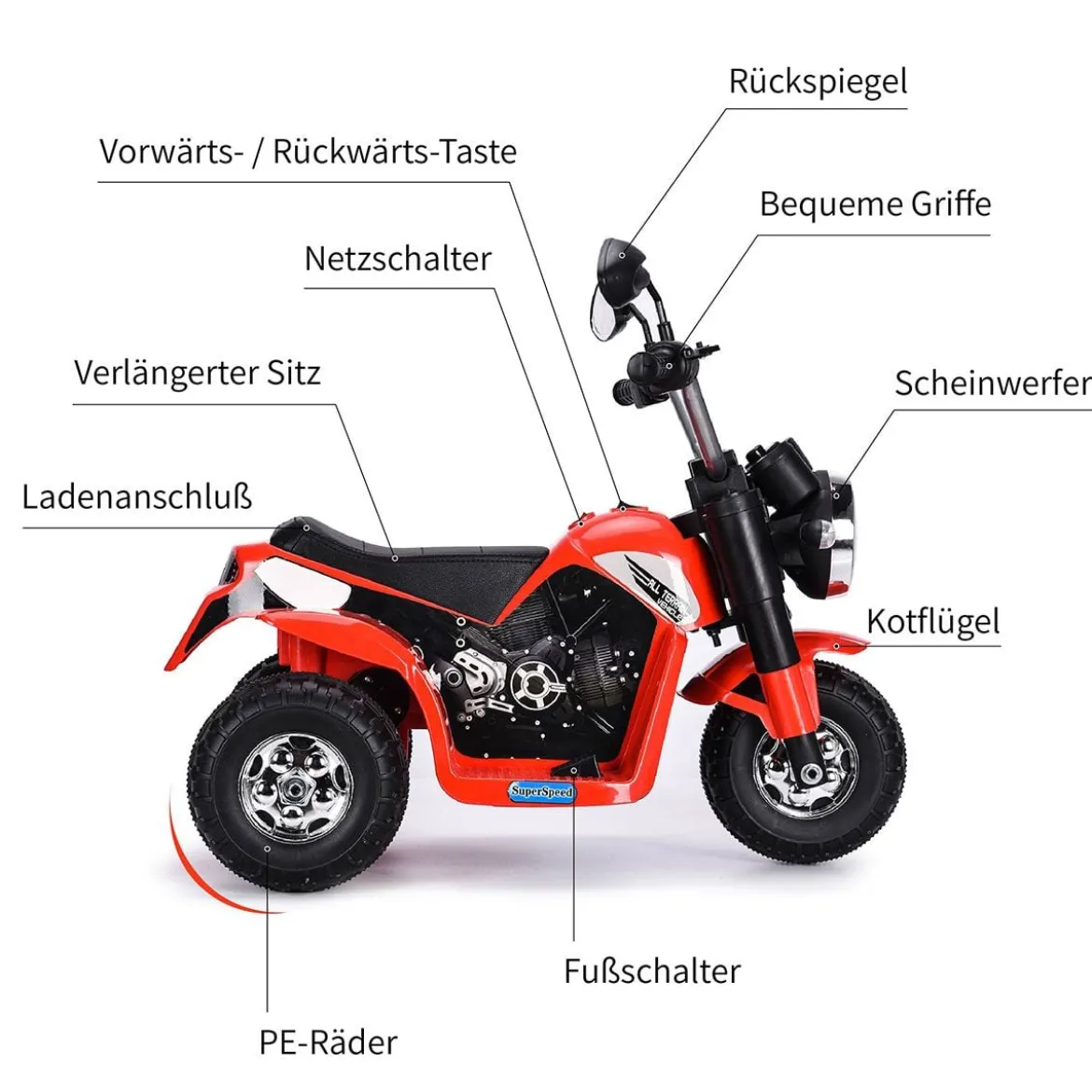 Elektro Motorrad Kindermotorrad Elektromotorrad mit Stützrädern 57 x 72 x 56 cm Rot
