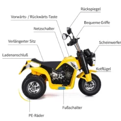 Elektro Motorrad Kindermotorrad Elektromotorrad mit Stützrädern 57 x 72 x 56 cm Gelb