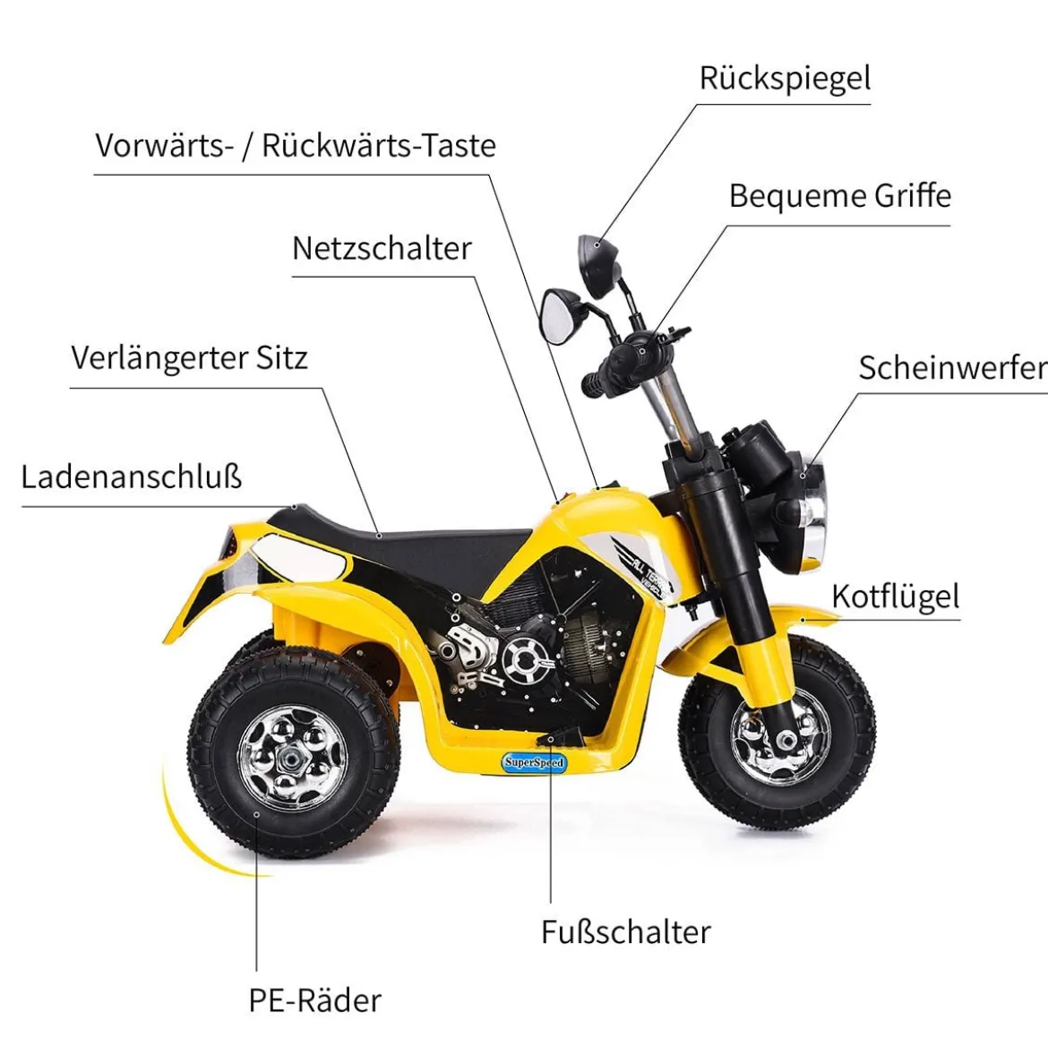 Elektro Motorrad Kindermotorrad Elektromotorrad mit Stützrädern 57 x 72 x 56 cm Gelb