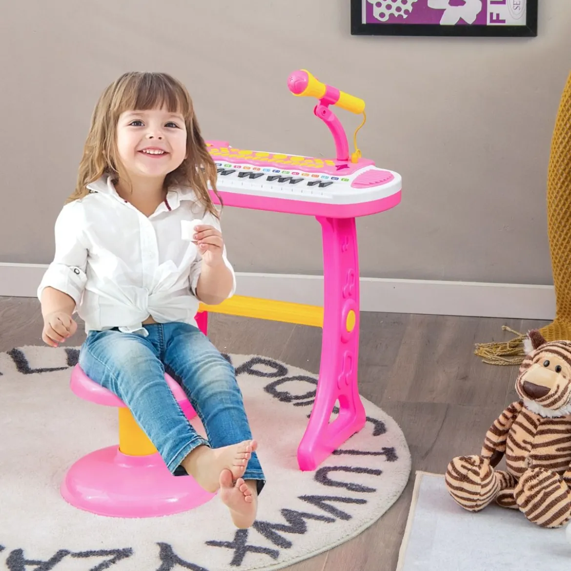Elektronisches 31-Tasten Kinder Keyboard mit Hocker & Mikrofon für Kinder ab 3 Jahr Rosa