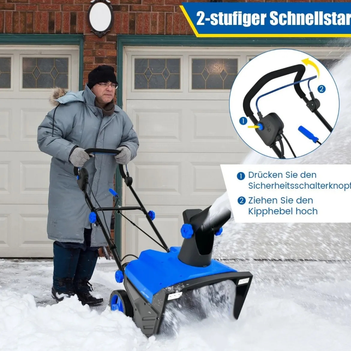 Elektro-Schneefräse mit LED-Leuchten & 15 A Motor 50 cm Arbeitsbreite 25 cm Arbeitshöhe Rot/Blau + Schwarz