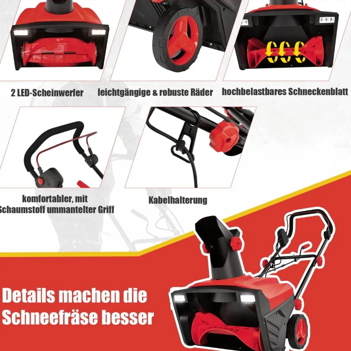 Elektro-Schneefräse mit LED-Leuchten & 15 A Motor 50 cm Arbeitsbreite 25 cm Arbeitshöhe Rot/Blau + Schwarz