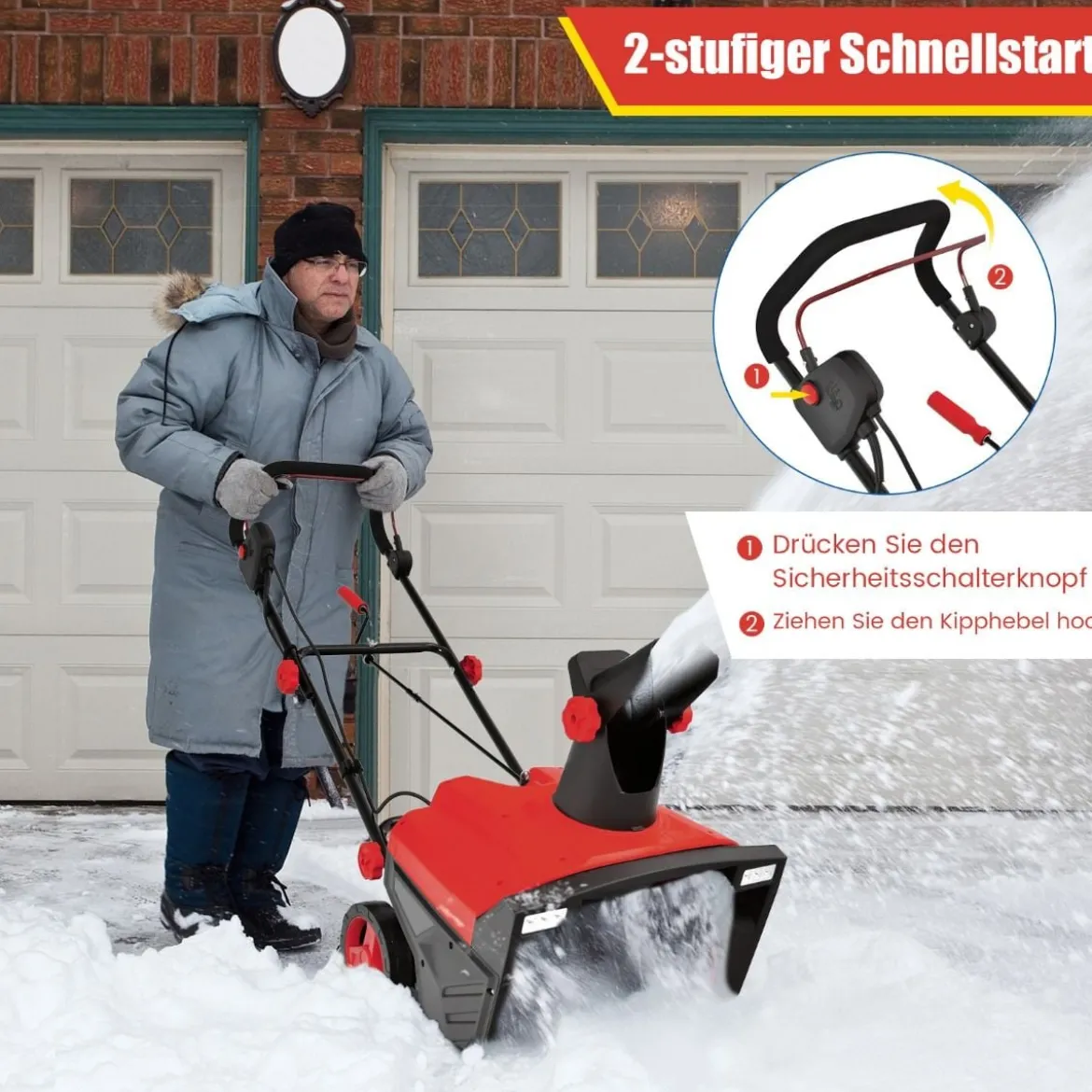 Elektro-Schneefräse mit LED-Leuchten & 15 A Motor 50 cm Arbeitsbreite 25 cm Arbeitshöhe Rot/Blau + Schwarz