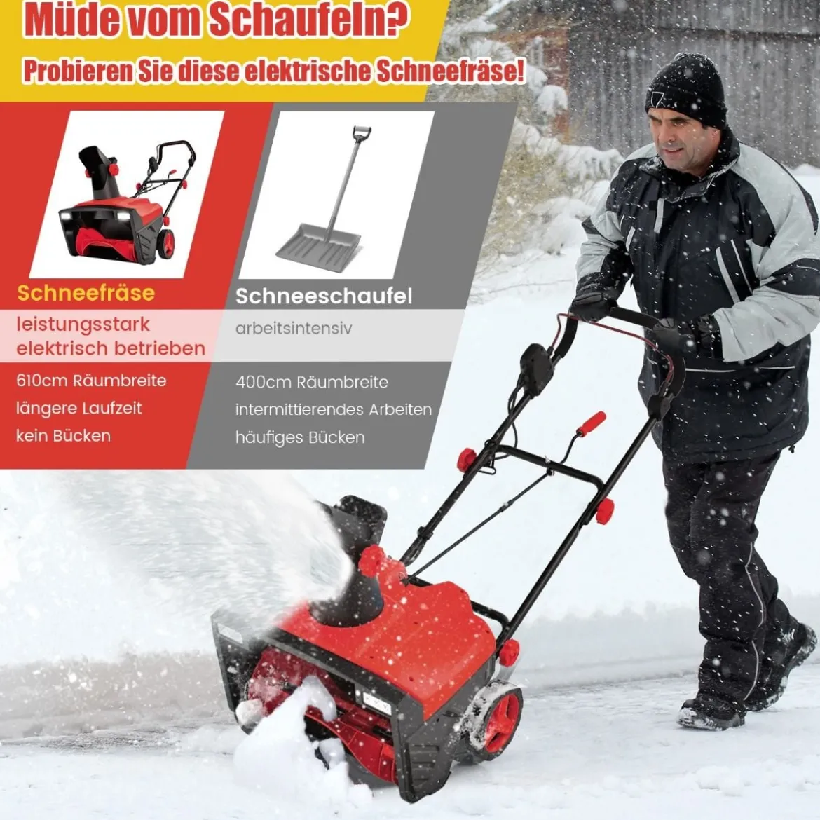 Elektro-Schneefräse mit LED-Leuchten & 15 A Motor 50 cm Arbeitsbreite 25 cm Arbeitshöhe Rot/Blau + Schwarz