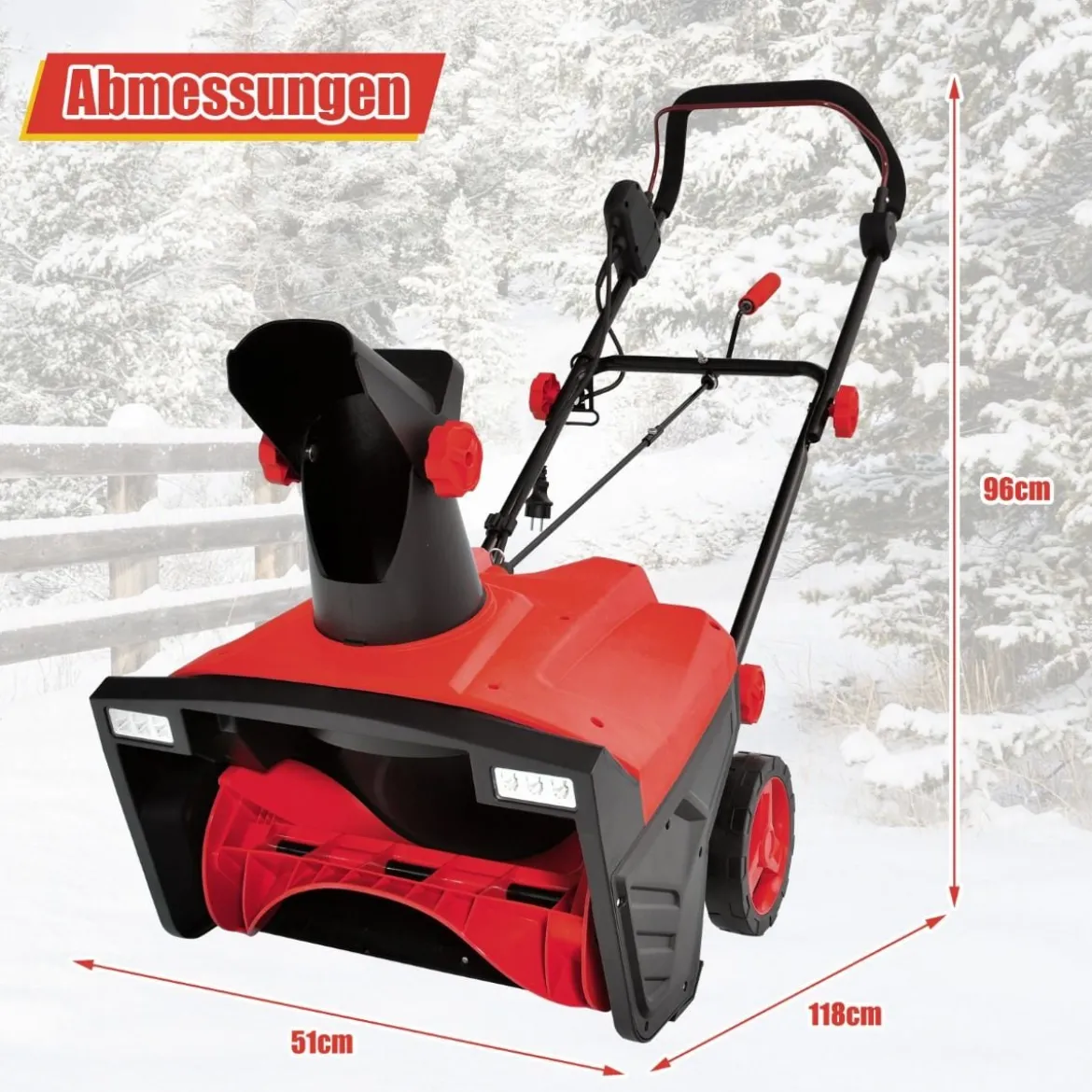 Elektro-Schneefräse mit LED-Leuchten & 15 A Motor 50 cm Arbeitsbreite 25 cm Arbeitshöhe Rot/Blau + Schwarz