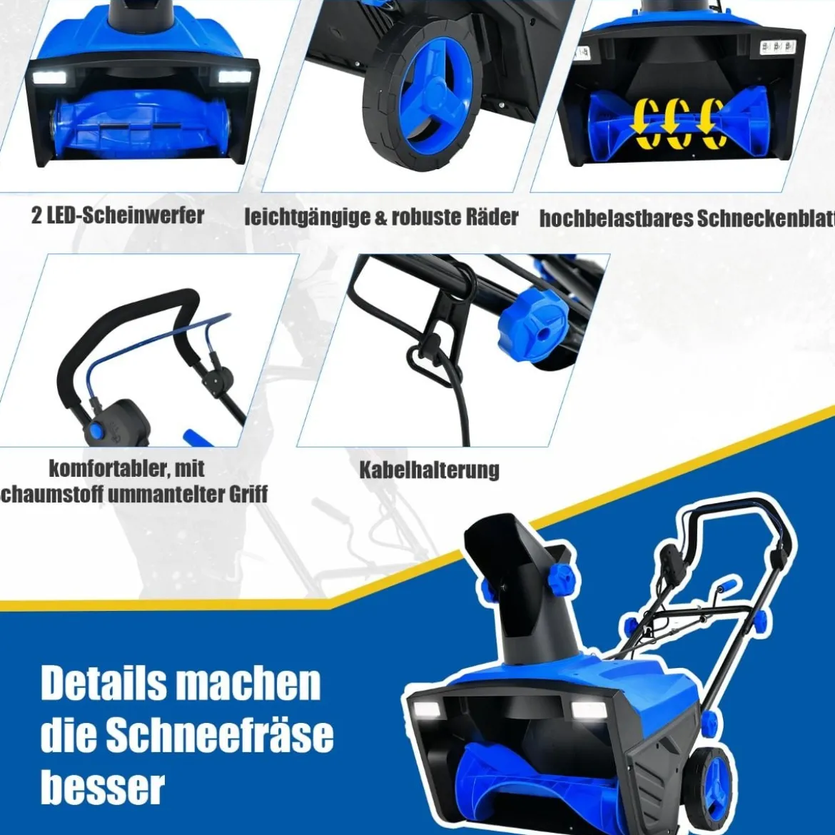 Elektro-Schneefräse mit LED-Leuchten & 15 A Motor 50 cm Arbeitsbreite 25 cm Arbeitshöhe Rot/Blau + Schwarz