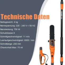 Elektrostangensäge Hochentaster 212-286 cm Mehrwinkel Stangenkettensäge mit Sägekopf Orange