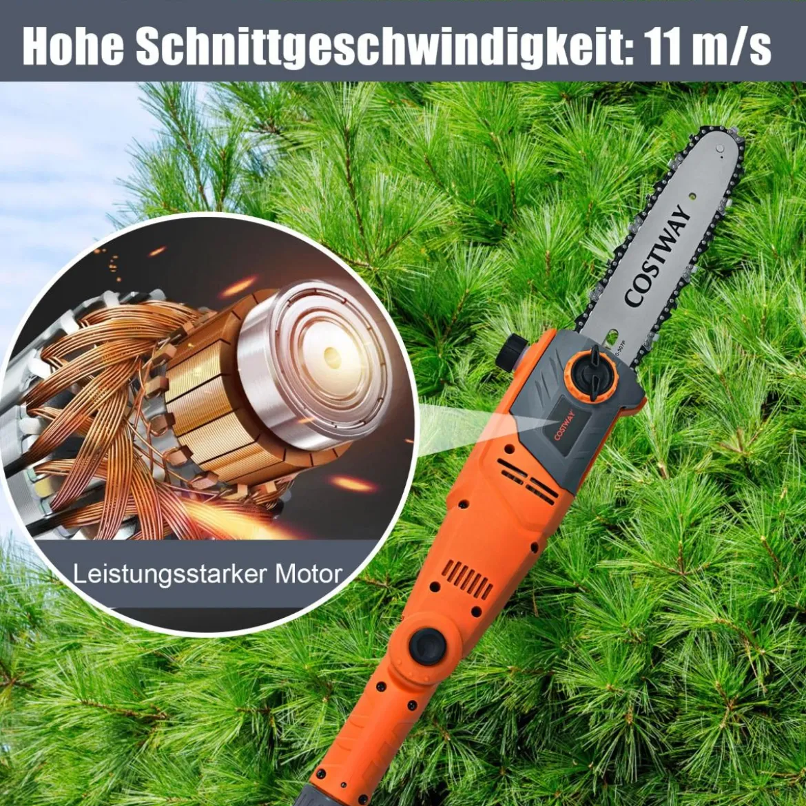Elektrostangensäge Hochentaster 212-286 cm Mehrwinkel Stangenkettensäge mit Sägekopf Orange