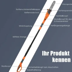 Elektrostangensäge Hochentaster 212-286 cm Mehrwinkel Stangenkettensäge mit Sägekopf Orange