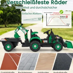 Elektro Traktor mit Anhänger & Schaufel & Fernbedienung 12V Aufsitztraktor Sitzbagger Grün