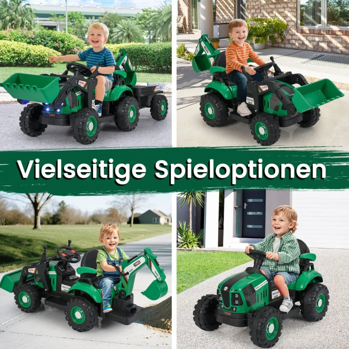 Elektro Traktor mit Anhänger & Schaufel & Fernbedienung 12V Aufsitztraktor Sitzbagger Grün