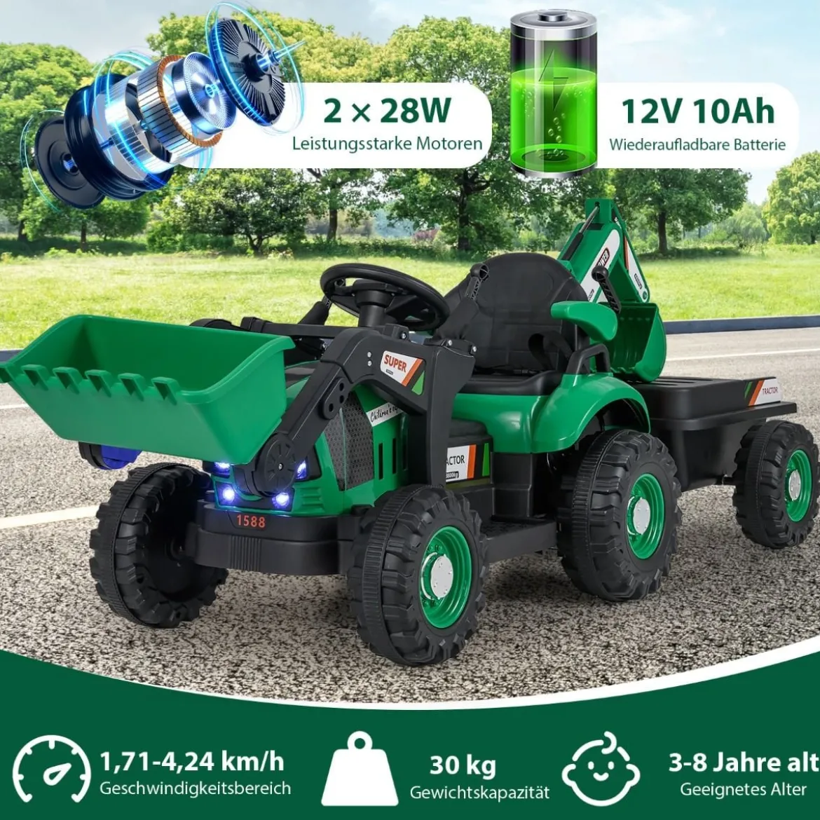 Elektro Traktor mit Anhänger & Schaufel & Fernbedienung 12V Aufsitztraktor Sitzbagger Grün