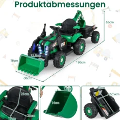 Elektro Traktor mit Anhänger & Schaufel & Fernbedienung 12V Aufsitztraktor Sitzbagger Grün
