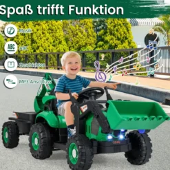 Elektro Traktor mit Anhänger & Schaufel & Fernbedienung 12V Aufsitztraktor Sitzbagger Grün