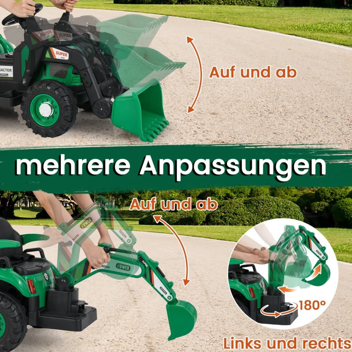 Elektro Traktor mit Anhänger & Schaufel & Fernbedienung 12V Aufsitztraktor Sitzbagger Grün